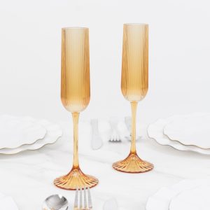 12 Pack Vintage Ribbed Champagne Flutes 4oz Amber Gold – Disposable Plastic Toasting Glasses