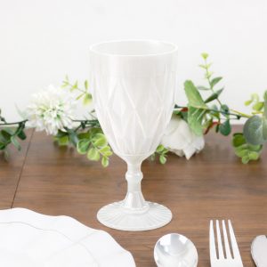 12 Pack Diamond Cut Vintage Plastic Wine Goblets – Pearl White 11oz Embossed Reusable Drink & Cocktail Glasses
