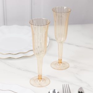 24-Pack Plastic Champagne Flutes 6oz Transparent Amber Gold Flared Design - Disposable Glasses with Detachable Base